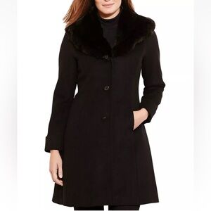 LAUREN RALPH LAUREN Wool Coat Women’s 8 Black Faux Fur Collar Long  Mid Trench